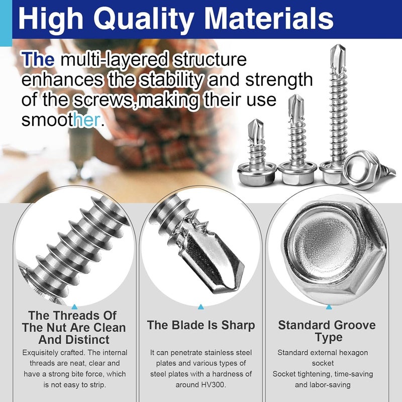 Usdrwam 100Pcs #8×1" Self Tapping Screws for Metal, 410 Stainless Steel Hex Washer Head Sheet Metal Screw - Image 4